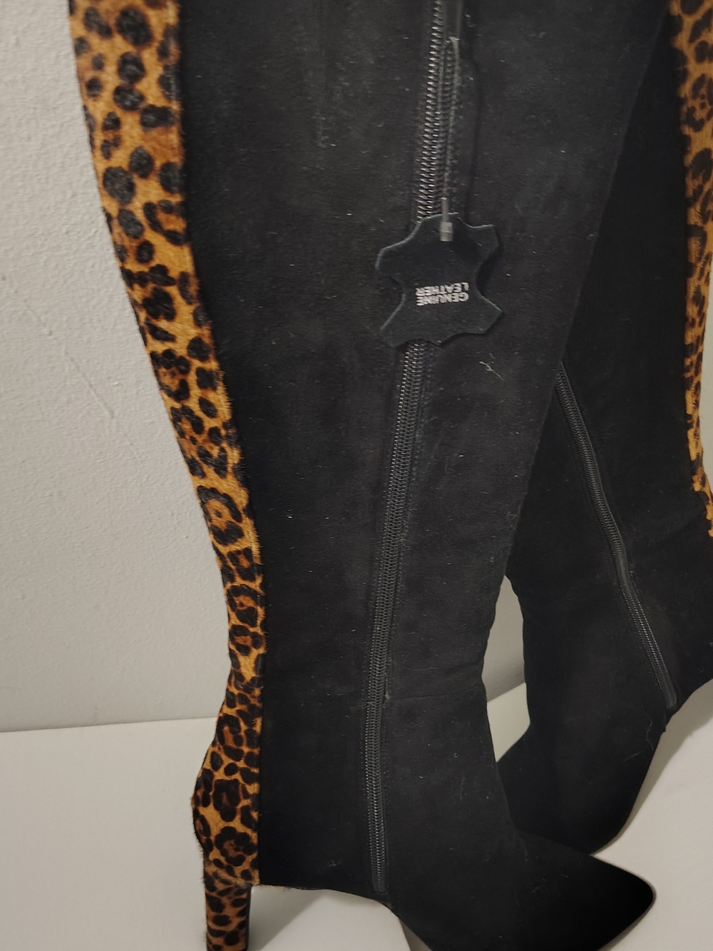 Alfani Black Suede Knee-High Boots with Leopard Accent